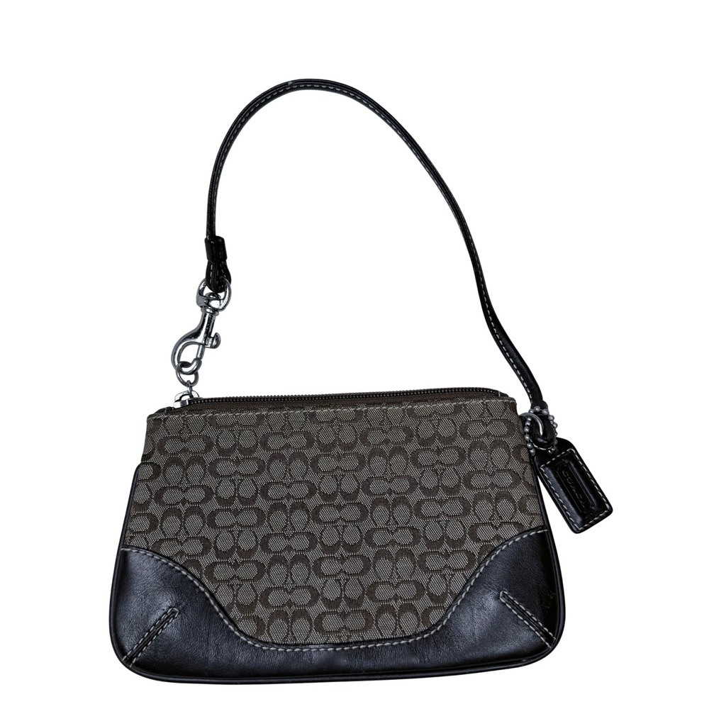 Coach Women Signature Monogram Wristlet Small Brown Black Leather Trim Pouch Bag